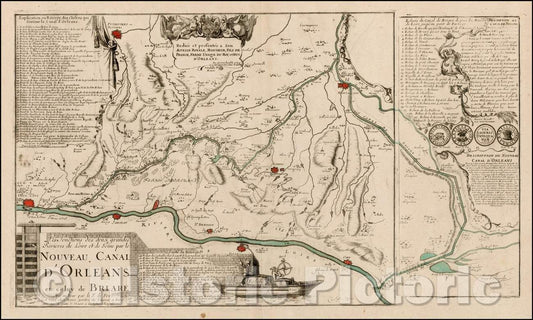 Historic Map - Les Jonctions des deux grandes Rivieres de Loire et de Seine par/Plan showing the Canal de Briare and the Canal D'Orleans, 1705 - Vintage Wall Art