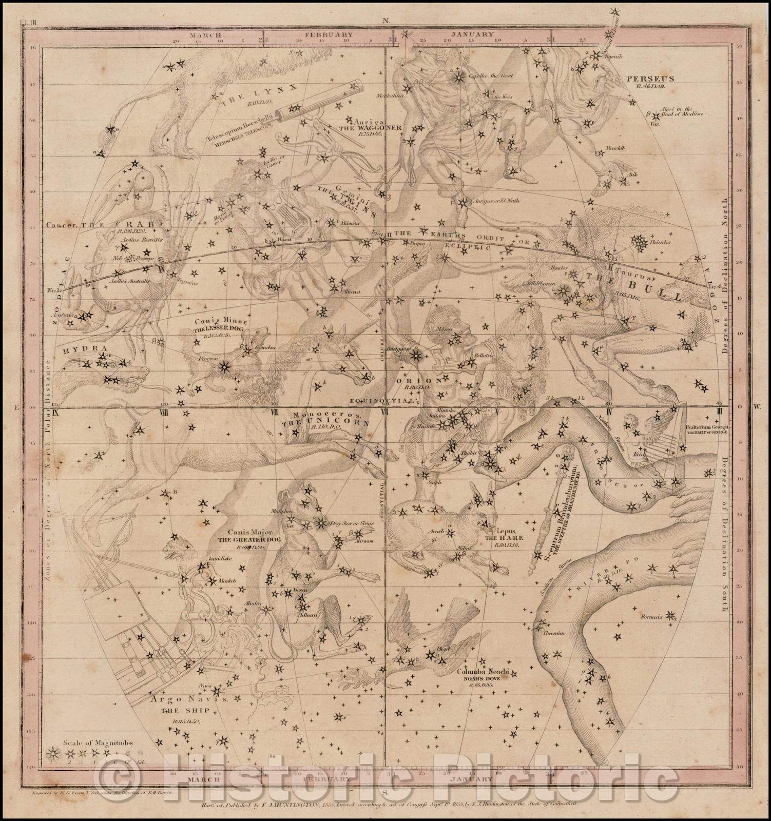 Historic Map - The January, February & March Sky - Cancer, Perseus, Gemini, Taurus, Orion, Monceros, Canis Major, Lepus, Argo Navis, Hydra, Perseus, 1835 v1