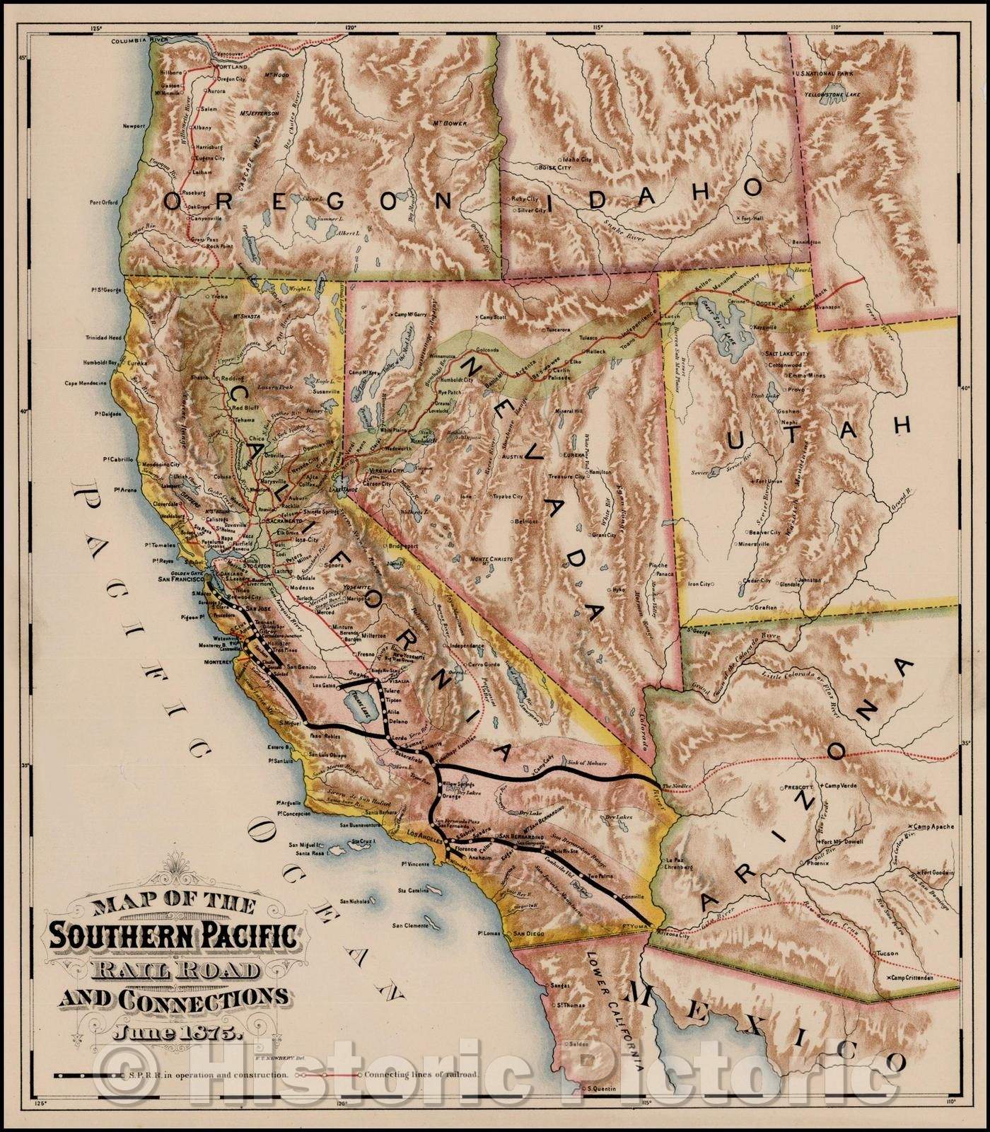 Historic Map - Map Southern Pacific Rail Road and Connections. June, 1875, F. T. Newbery - Vintage Wall Art