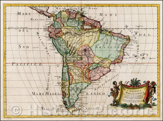Historic Map - L'America Meridionale Nuovamente corretta et accresciuta, 1687, Giacomo Giovanni Rossi - Vintage Wall Art