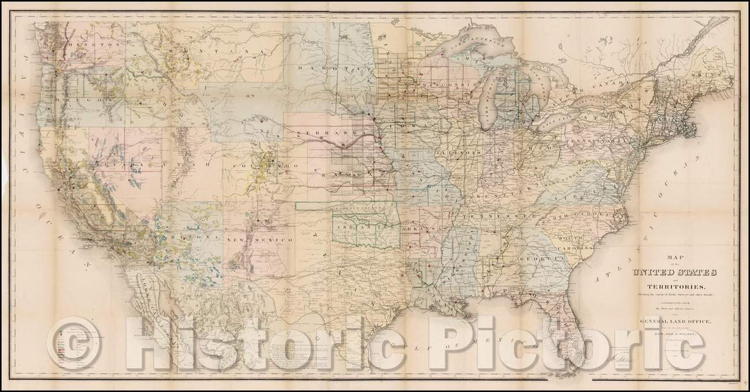 Historic Map - Map of the United States and Territories, Showing the extent of Public Surveys and other Details, 1867, U.S. General Land Office - Vintage Wall Art
