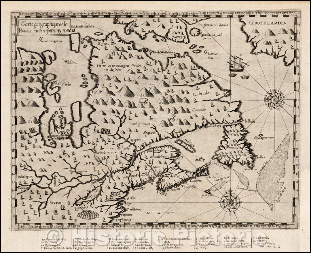 Historic Map - Carte geographique de la Nouvelle franse en son vray moridia/Canada or New France, 1612, Samuel de Champlain - Vintage Wall Art