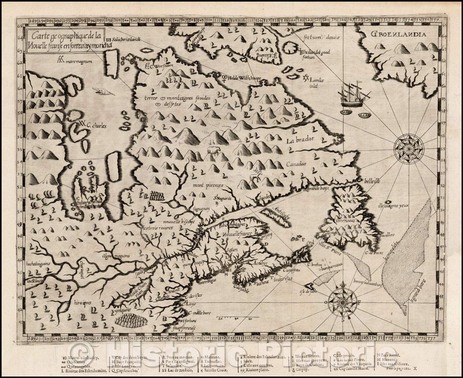 Historic Map - Carte geographique de la Nouvelle franse en son vray moridia/Canada or New France, 1612, Samuel de Champlain - Vintage Wall Art