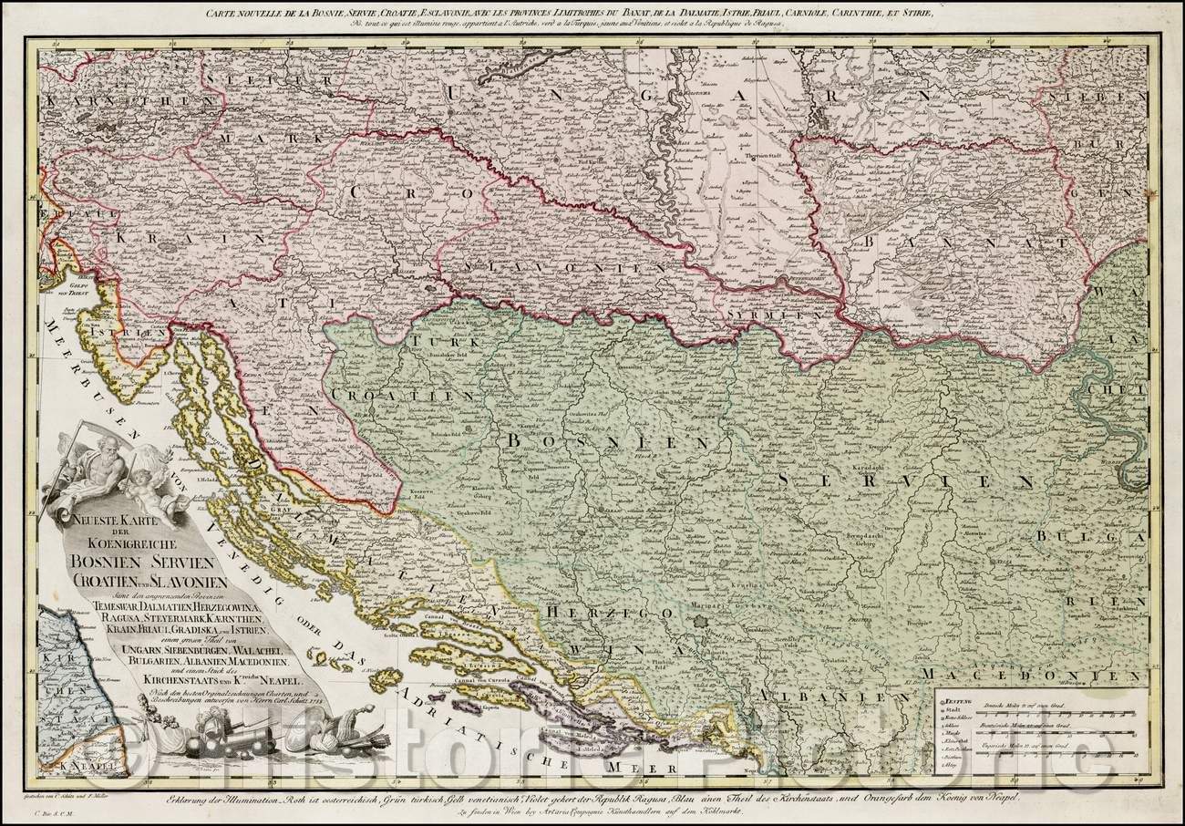 Historic Map - Neueste Karte der Koenigreiche Bosnien Servien Croatien/Map of the Region bounded by Adriatic in the south, 1788, H. C. Schmitz - Vintage Wall Art