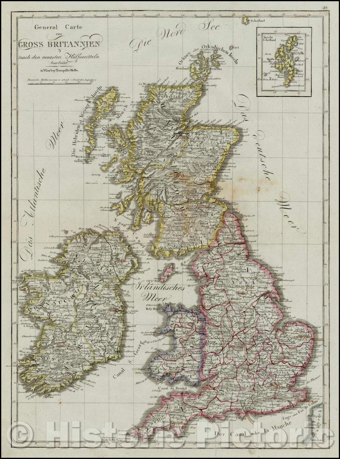 Historic Map - General Carte von Gross Britannien nach den/Map of the British Isles, published in Vienna at the begnning of the 19th Century, 1800 - Vintage Wall Art