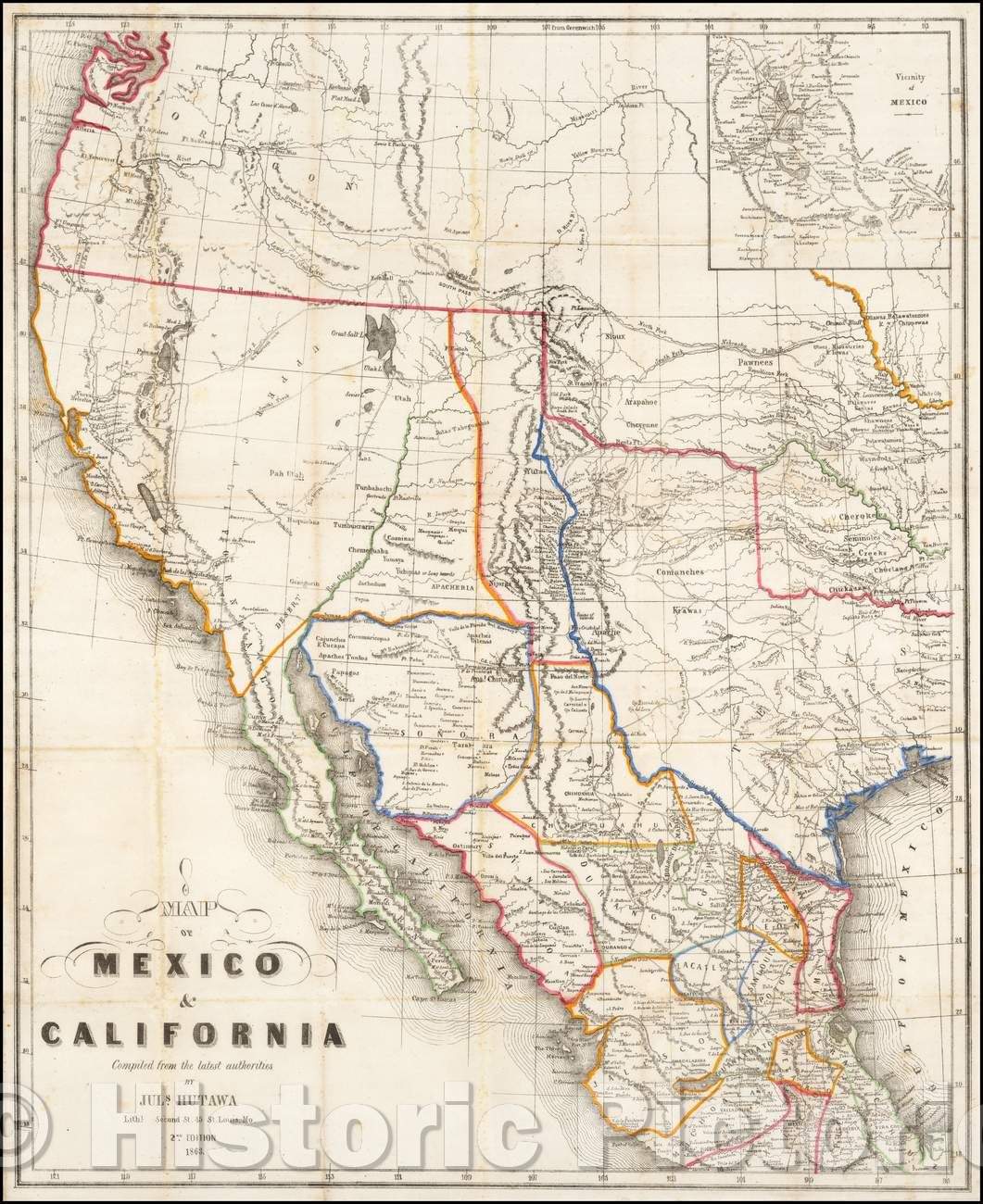 Historic Map - Map of Mexico & California, 1848, Julius Hutawa - Vintage Wall Art
