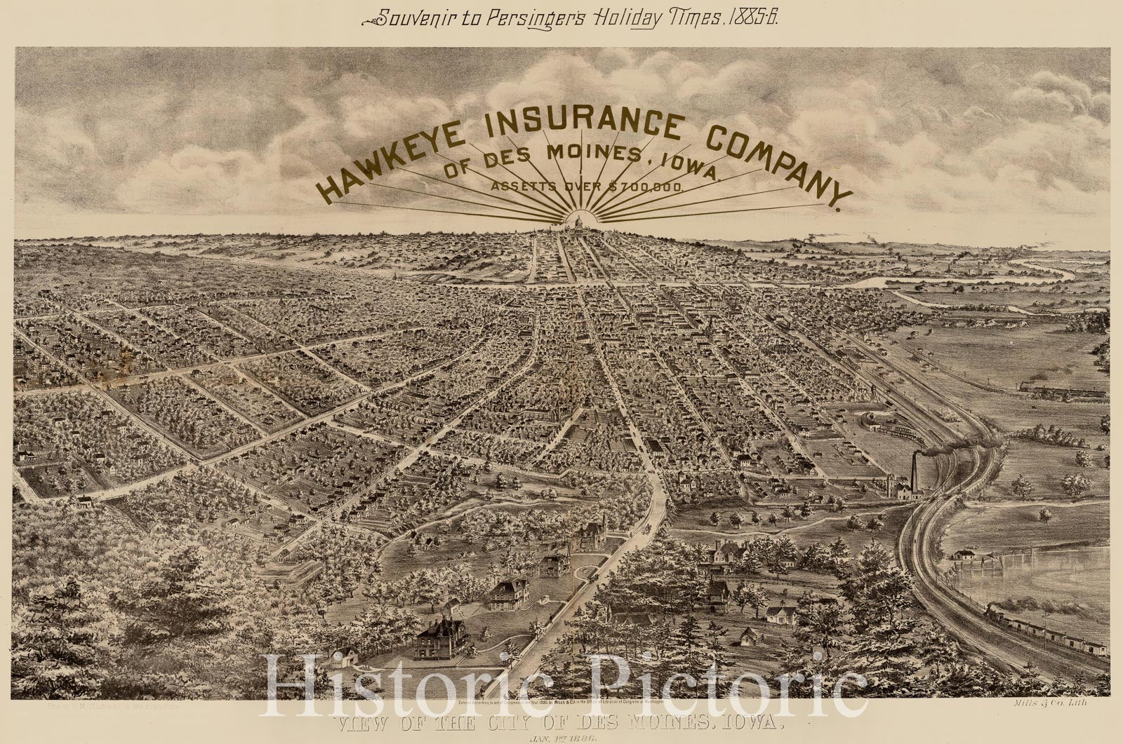 Historic Map - View of the City of Des Moines, Iowa. Jan 1st 1886, 1885, Mills & Co. - Vintage Wall Art