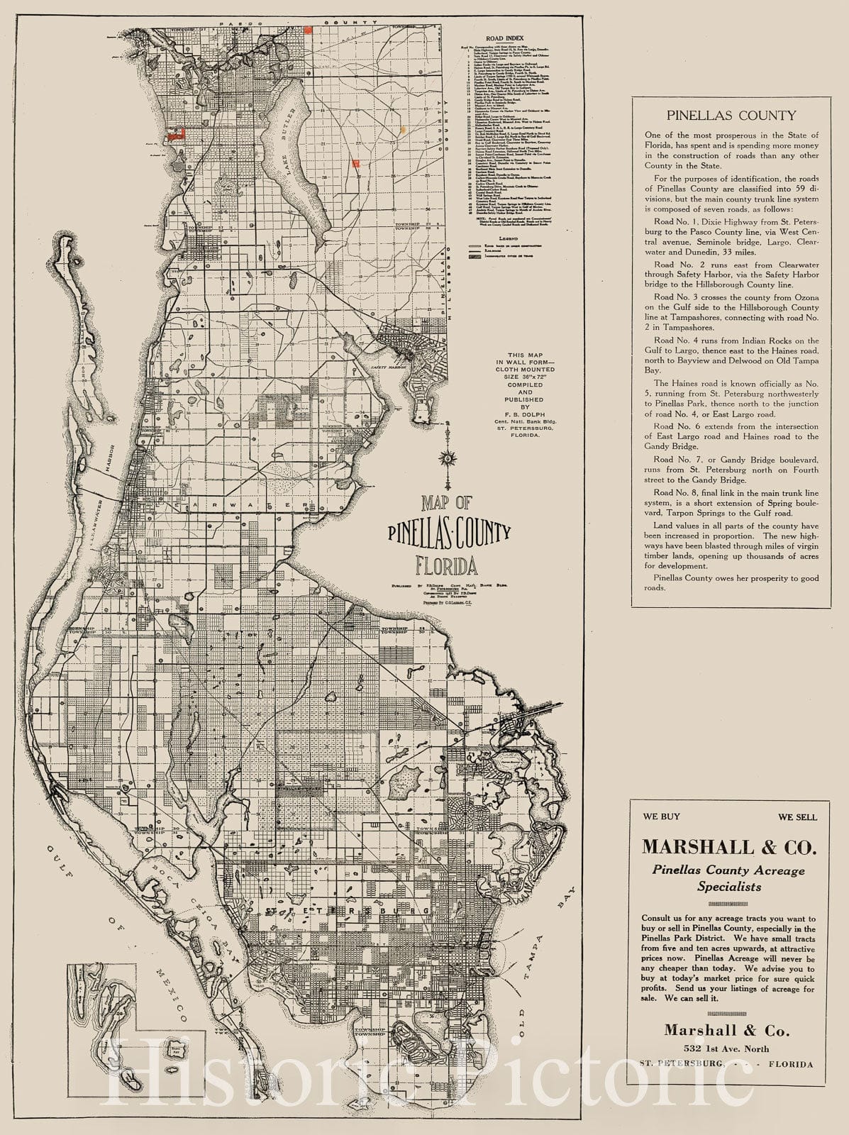 Historic Map - Map of Pinellas County Florida, 1925, F. B. Dolph - Vintage Wall Art