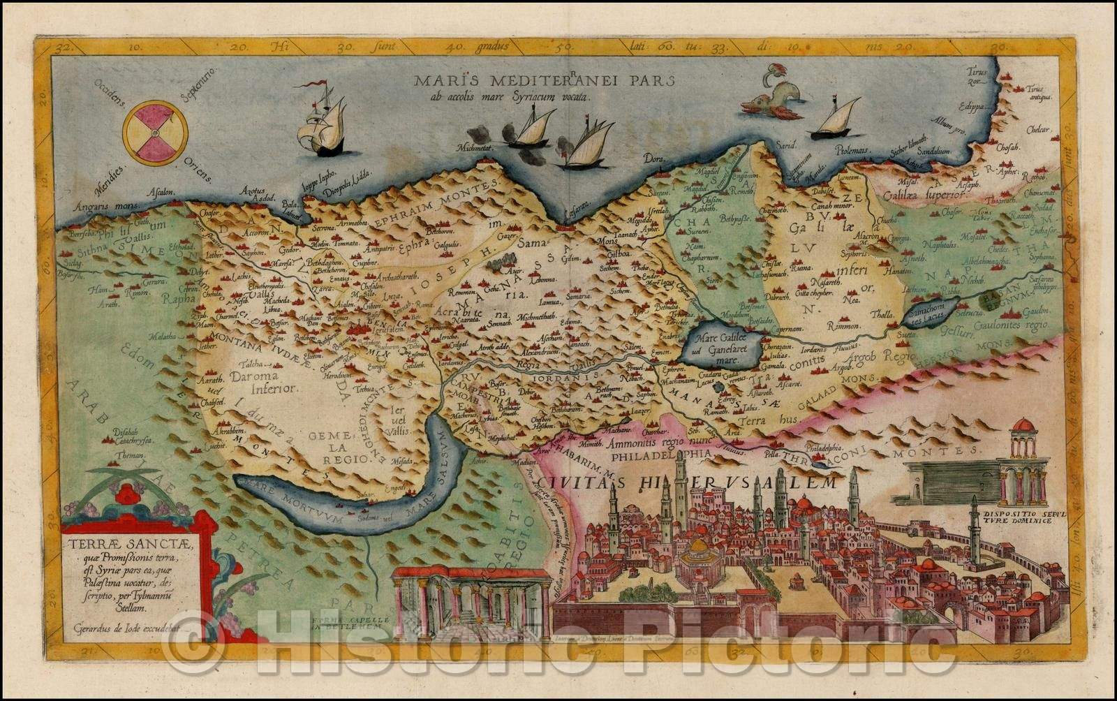 Historic Map - Terrae Sanctae quae Promissionis terra, est Syriae pars ea, quae Palaestina uocator, desecriptio, per Tylmannu Stellam, 1593, Gerard de Jode - Vintage Wall Art