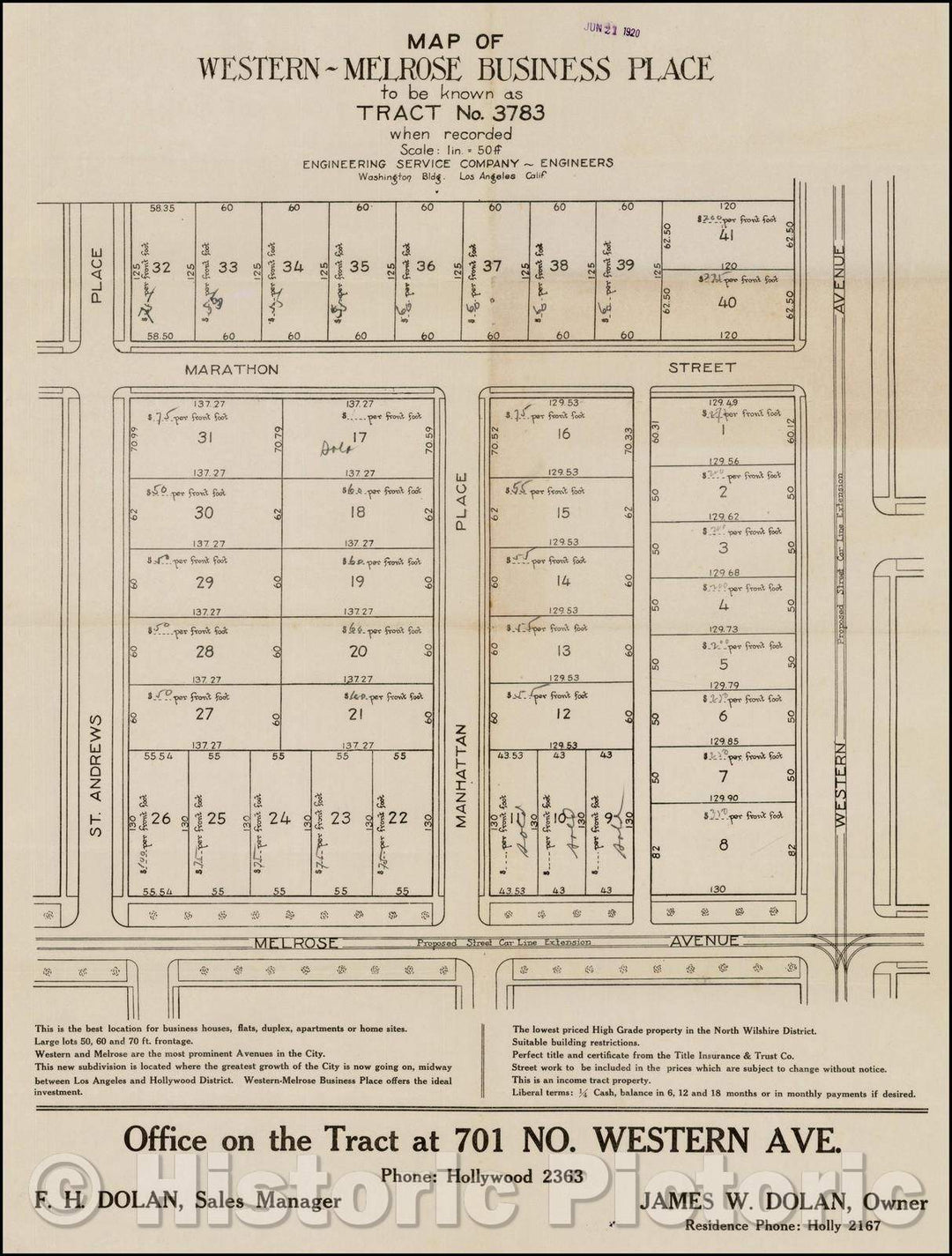 Historic Map - Map of Western - Melrose Business Place to be known as Tract No. 3783 when recorded, 1920, Engineering Service Company - Vintage Wall Art