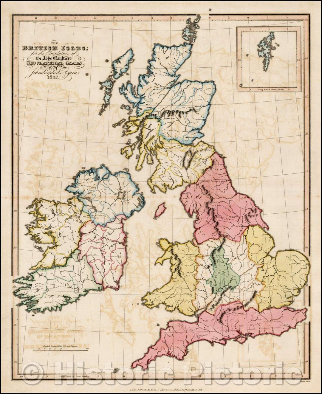 Historic Map - The British Isles: for the Elucidation of the Abee Gaultiers Geographical Games, 1823, Jehoshaphat Aspin - Vintage Wall Art