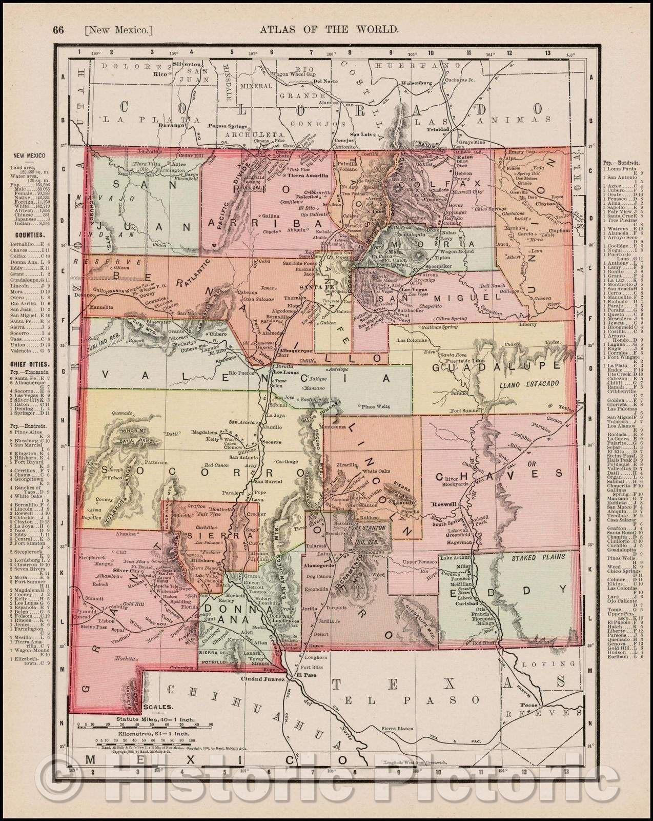Historic Map - New Mexico, 1898, Rand McNally & Company - Vintage Wall Art