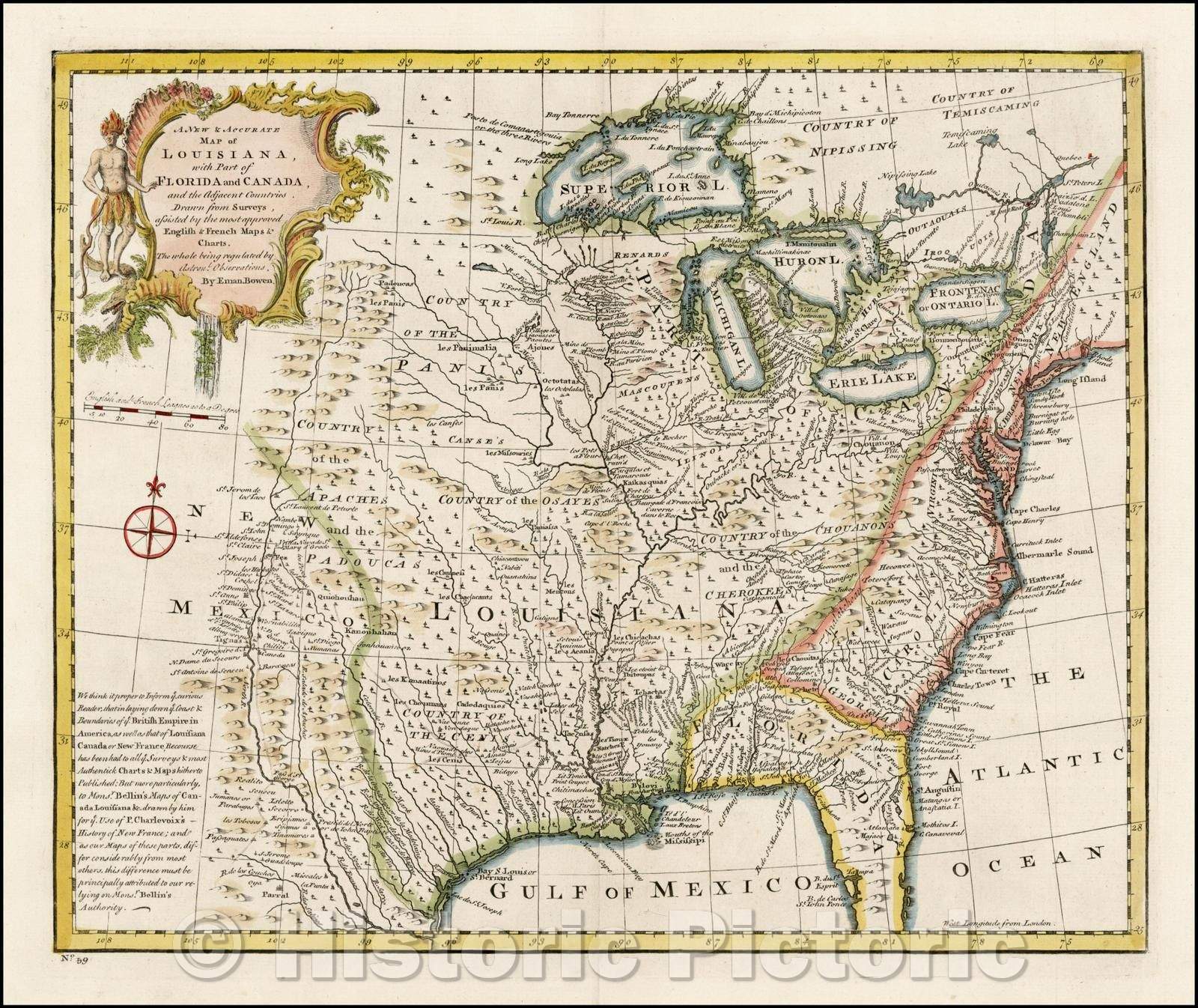 Historic Map - A New & Accurate Map of Louisiana, with Part of Florida and Canada and the Adjacent Countries, 1747, Emanuel Bowen v1