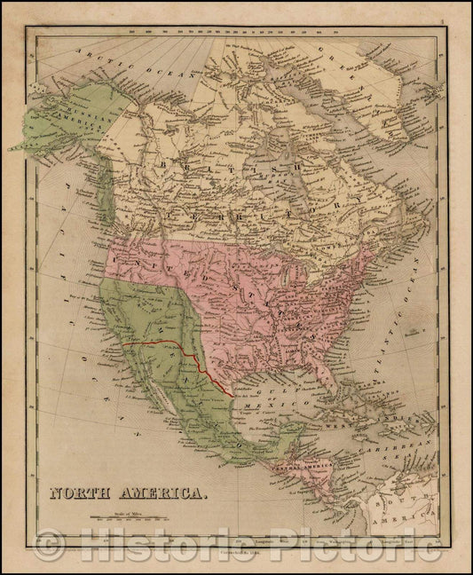 Historic Map - North America [Guadalupe Hidalgo Treaty Line Shown in Red], 1846, Thomas Gamaliel Bradford - Vintage Wall Art