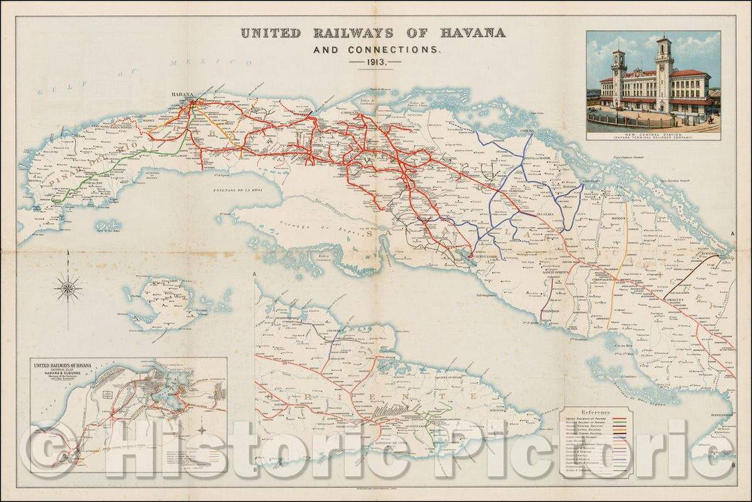 Historic Map - United Railways of Havana and Connections, 1913, - Vintage Wall Art
