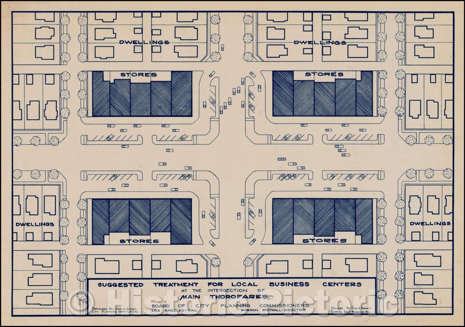 Historic Map - Suggested Treatment For Local Business Centers At the Interesection of Main Thorofares, 1928, Charles B. Bennett - Vintage Wall Art