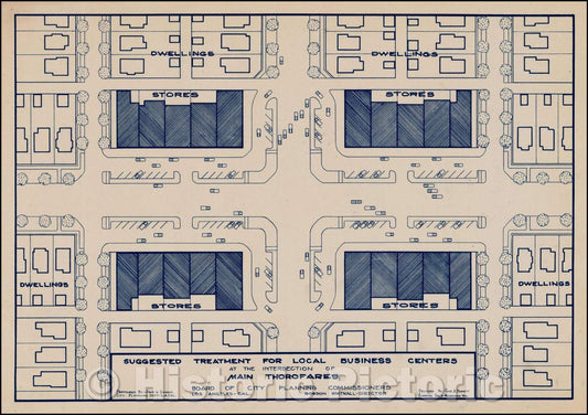 Historic Map - Suggested Treatment For Local Business Centers At the Interesection of Main Thorofares, 1928, Charles B. Bennett - Vintage Wall Art