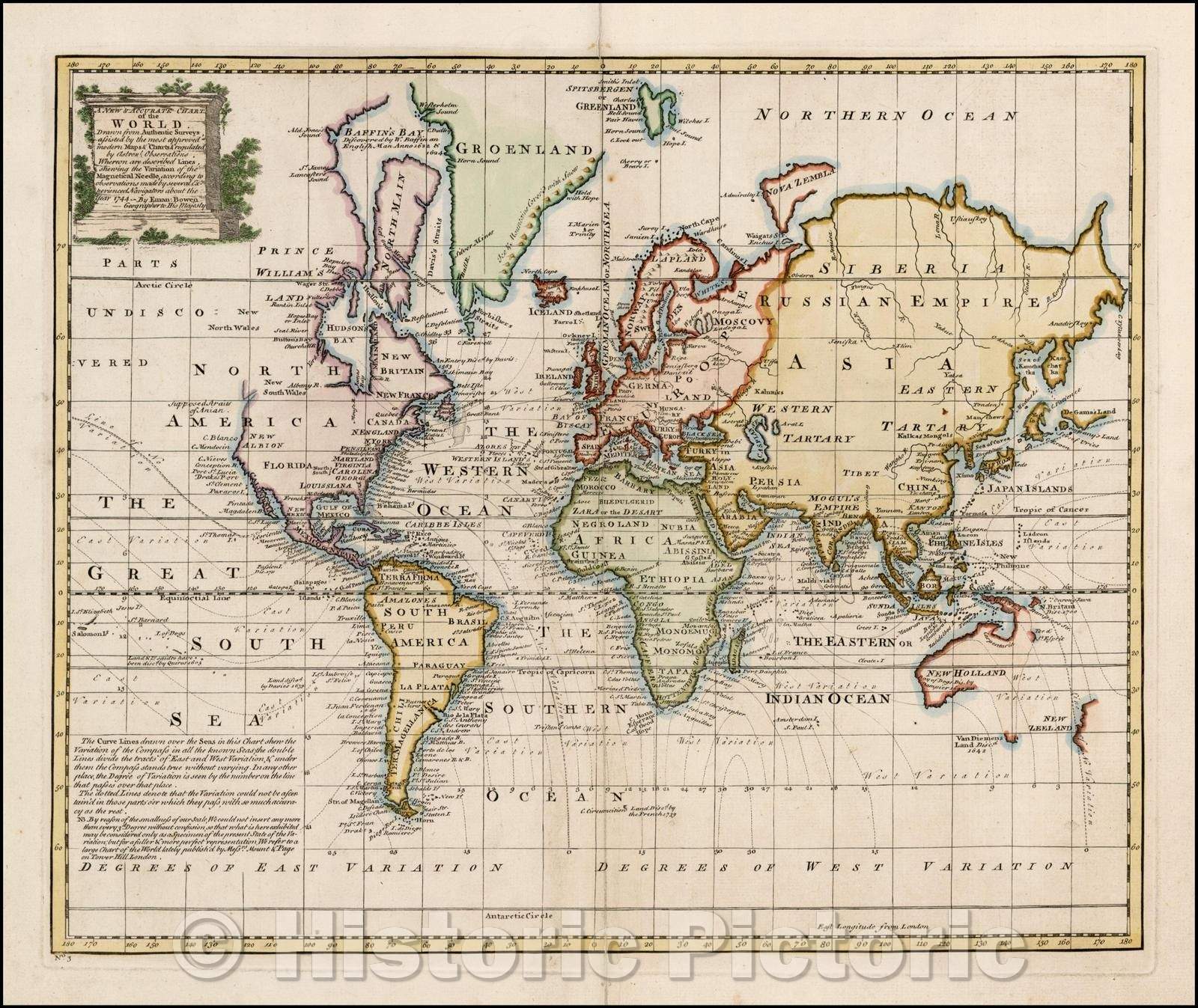 Historic Map - A New & Accurate Chart of the World, 1744, Emanuel Bowen - Vintage Wall Art