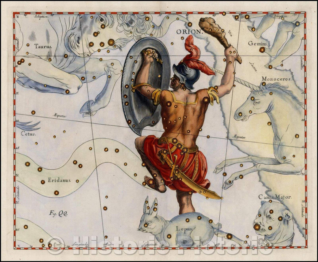 Historic Map - Orion (Stars heightened in gold), 1687, Johannes Hevelius - Vintage Wall Art