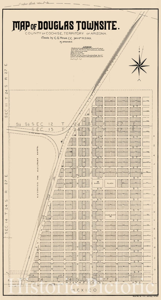 Historic Map - Map of Douglas Townsite. County of Cochise, Territory of Arizona, 1901, United States GPO - Vintage Wall Art