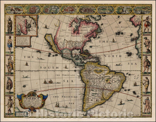 Historic Map - America with those known parts in that unknowne worlde both people and manner of buildings described and inlarged, 1627, John Speed - Vintage Wall Art