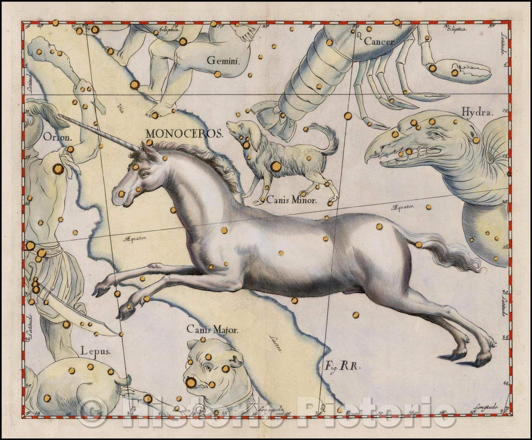 Historic Map - Monoceros (Stars heightened in gold), 1687, Johannes Hevelius - Vintage Wall Art