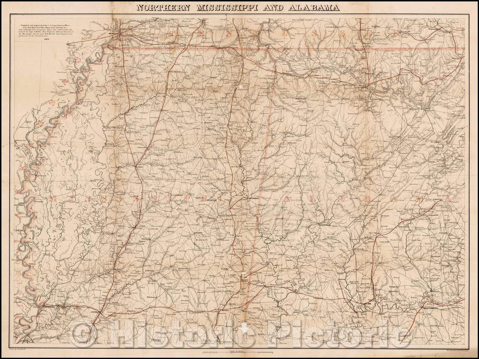 Historic Map - Northern Mississippi and Alabama, 1864, Adolph Lindenkohl - Vintage Wall Art