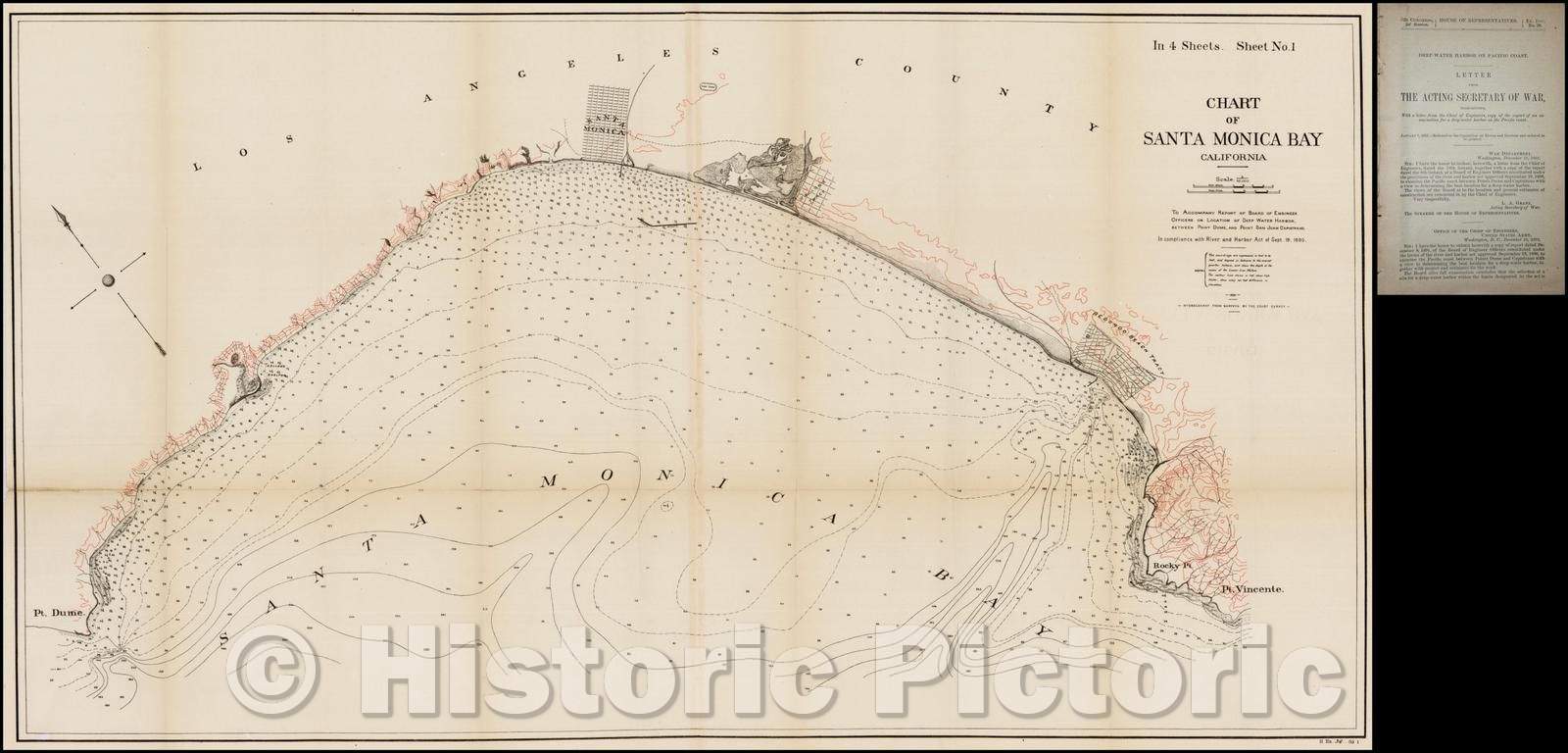 Historic Map - Chart of Santa Monica Bay California, 1890, U.S. Army Corps of Engineers - Vintage Wall Art