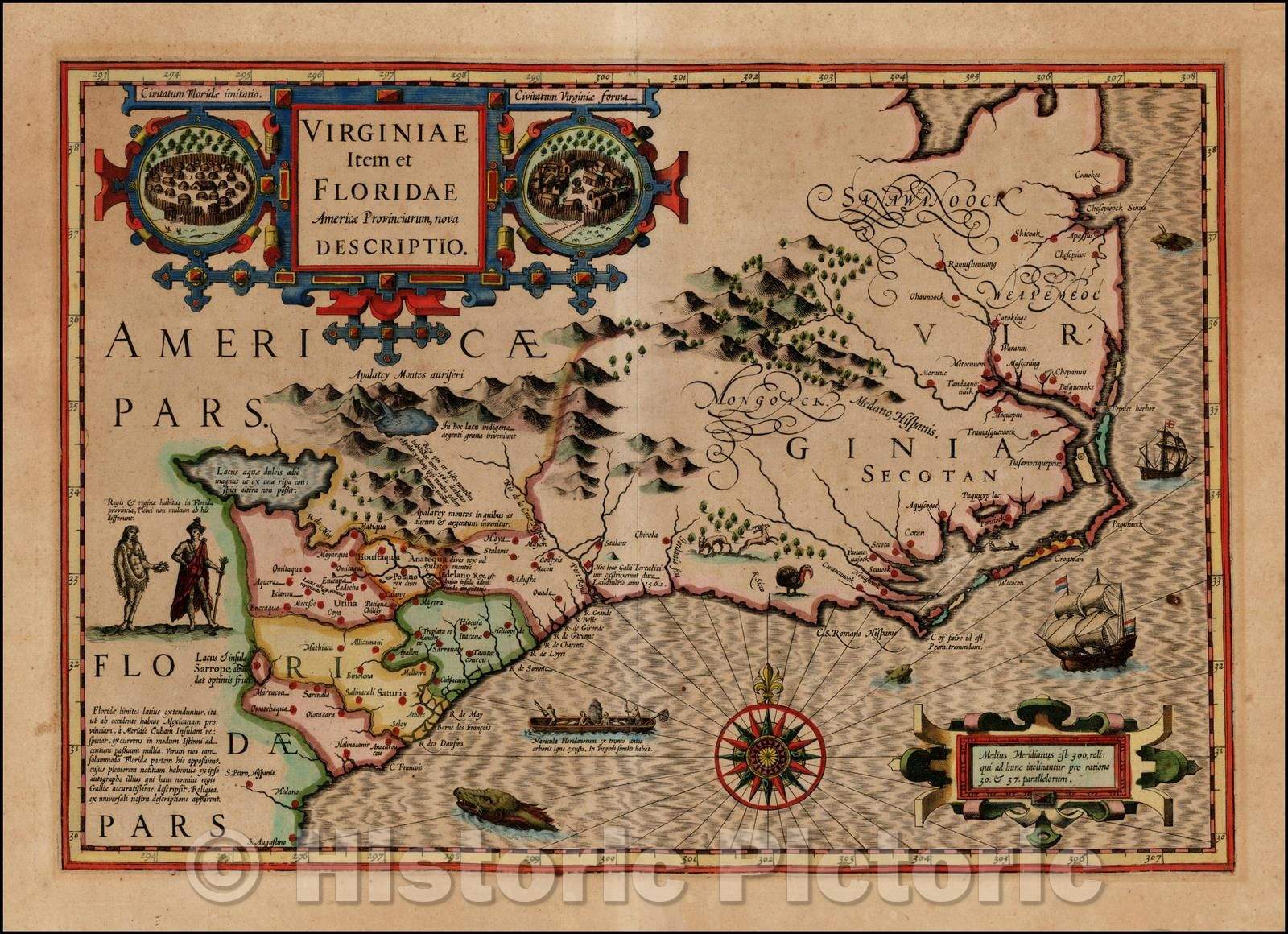 Historic Map - Virginiae Item et Floridae Americae Provinciarum, 1609, Jodocus Hondius - Vintage Wall Art