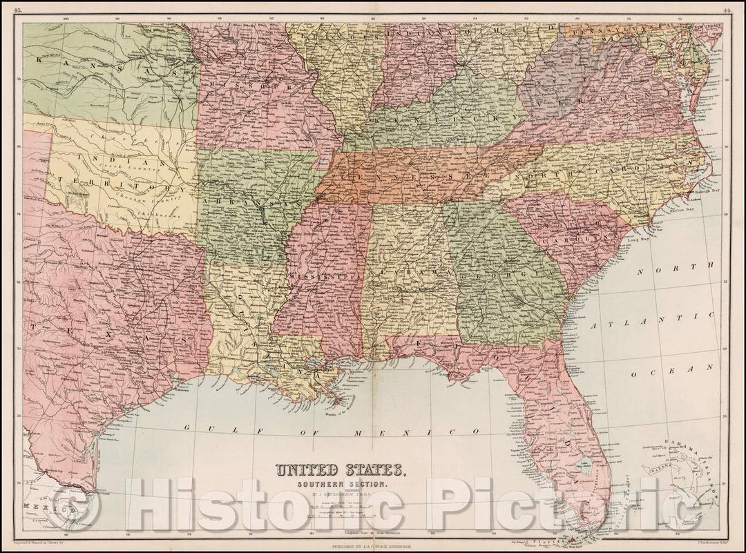 Historic Map - United States, Southern Section, 1865, Adam & Charles Black - Vintage Wall Art