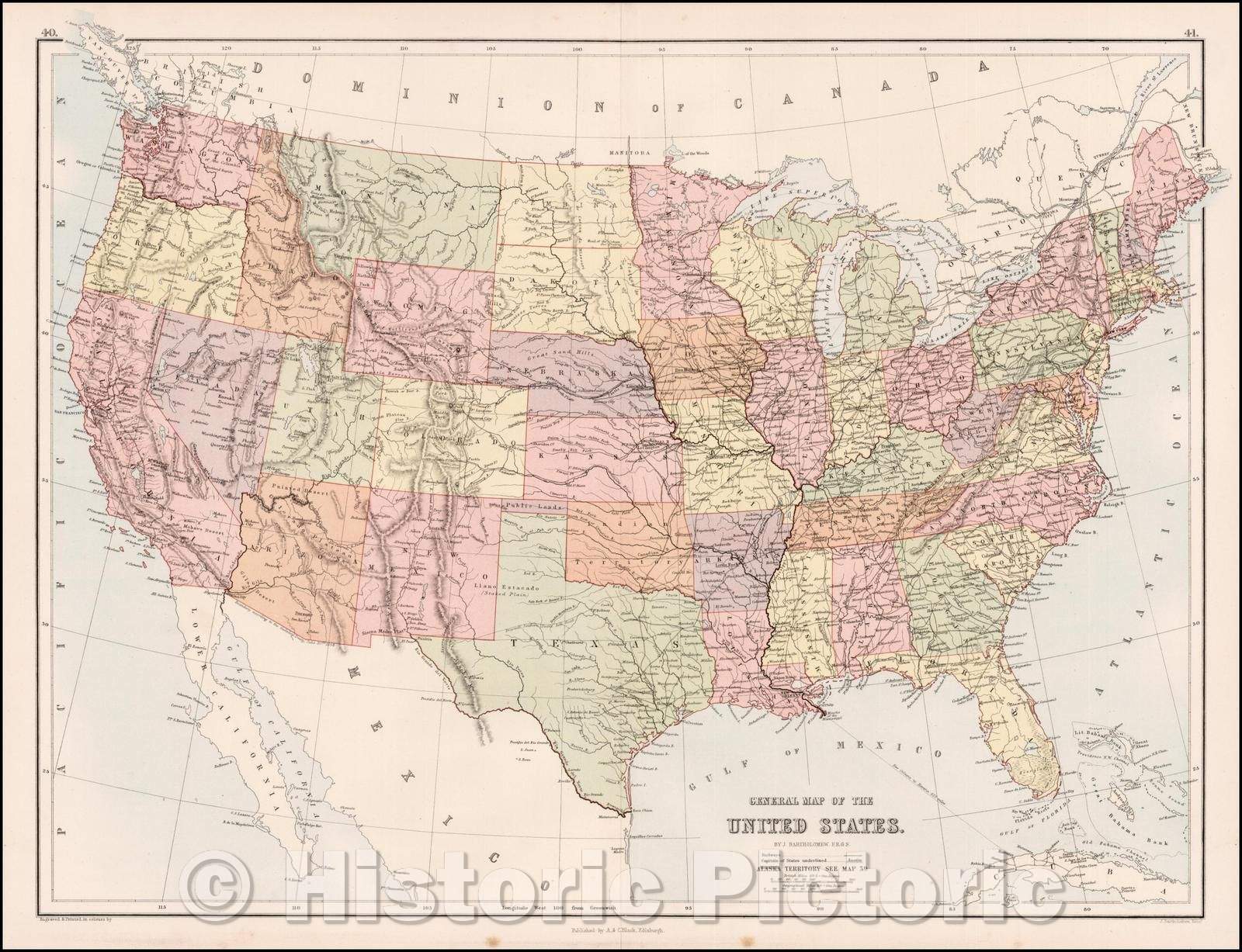 Historic Map - United States, 1873, Adam & Charles Black - Vintage Wall Art