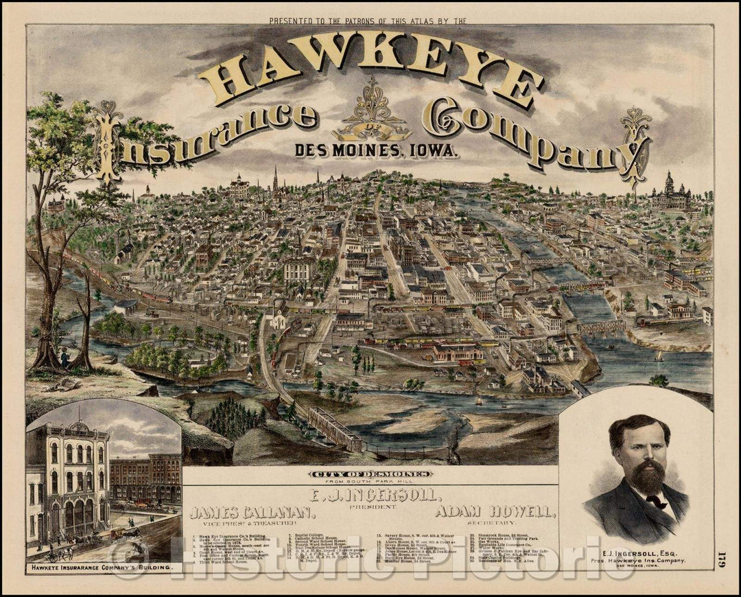 Historic Map - City of Des Moines From South Park Hill, 1875, Edward Shober - Vintage Wall Art