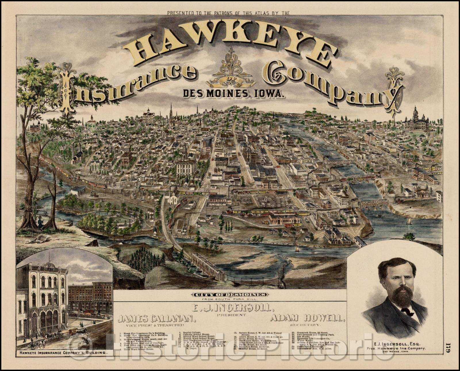 Historic Map - City of Des Moines From South Park Hill, 1875, Edward Shober - Vintage Wall Art