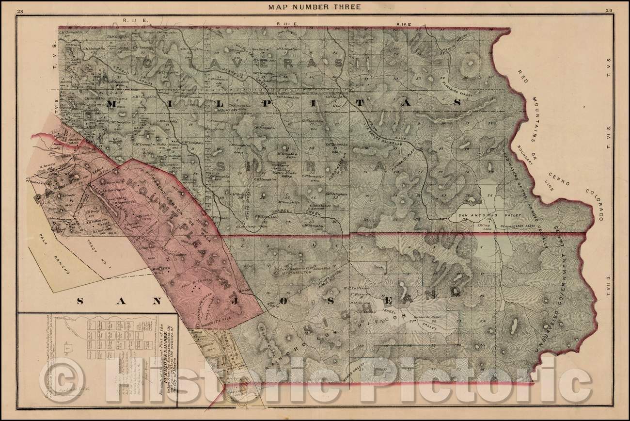 Historic Map - Pueblo de San Jose, Milpitas, Mt.Pleasant, Pala etc, 1876, Thompson & West - Vintage Wall Art