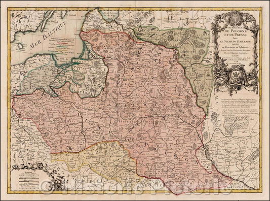 Historic Map - Les Royaumes de Pologne et de Prusse Avec Le Duche de Curlande Divises en Provinces et Palatinats, 1774, Jean Janvier - Vintage Wall Art