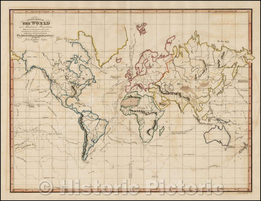 Historic Map - A Plane Chart of The World On Mercator's Projection With The Tracks & Discoveries of the Principal and most Recent Navigators, 1823 - Vintage Wall Art