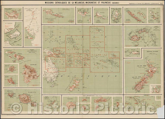 Historic Map - Missions Catholiques De La Melanesie, Micronesie et Polynesie Oceanie, 1896, Journal Les Missions Catholiques - Vintage Wall Art