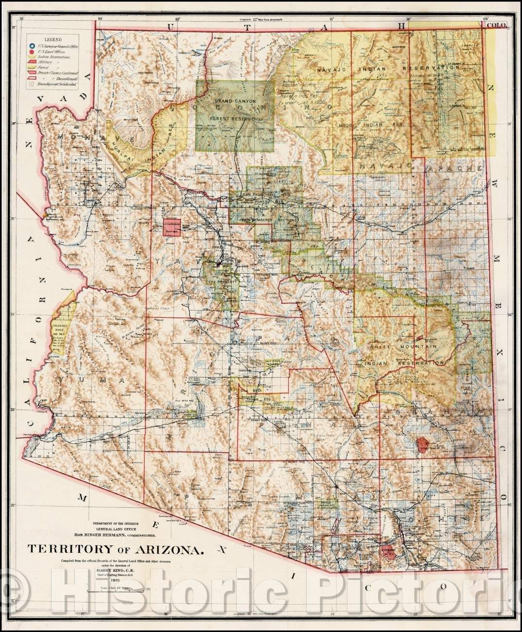Historic Map - Territory of Arizona, 1901, General Land Office - Vintage Wall Art