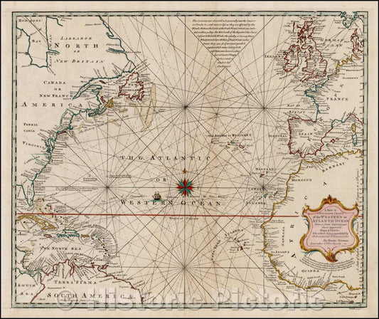 Historic Map - A New & Accurate Chart of the Western or Atlantic Ocean, 1744, Emanuel Bowen - Vintage Wall Art