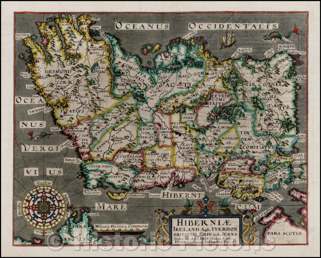 Historic Map - Hiberniae Ireland Anglis Yverdon Britannis Erin incolis Ierna, 1607, William Hole v1