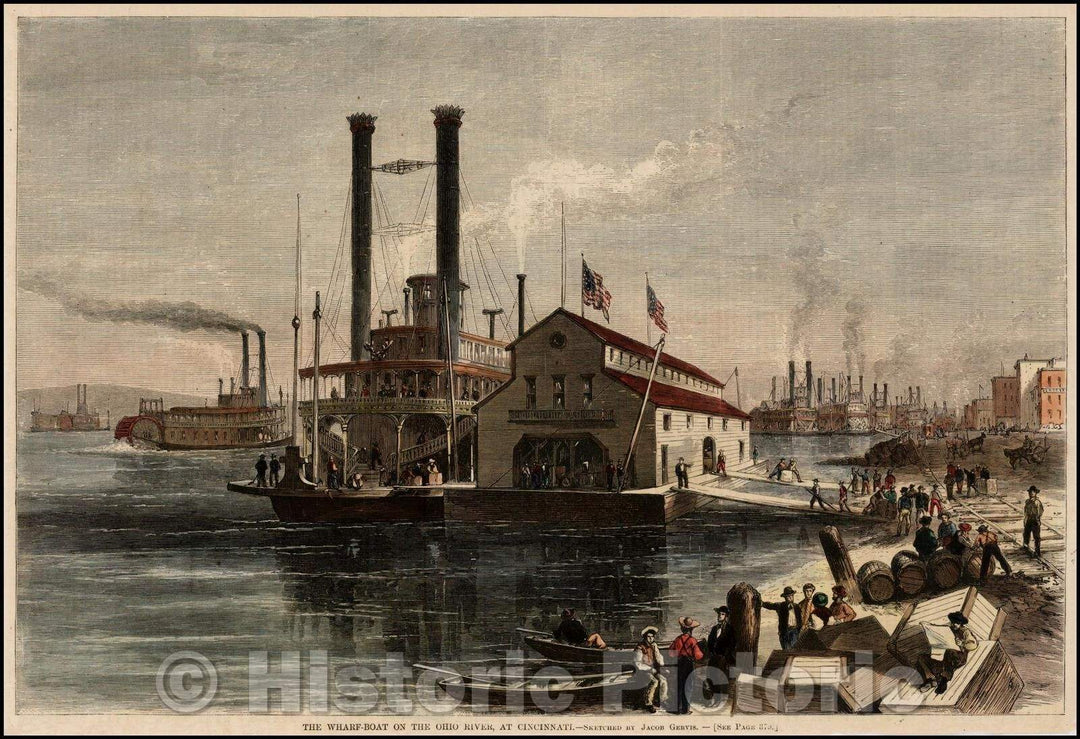 Historic Map - The Wharf-Boat on the Ohio River, At Cincinnati, Sketched, 1869, Harper's Weekly - Vintage Wall Art