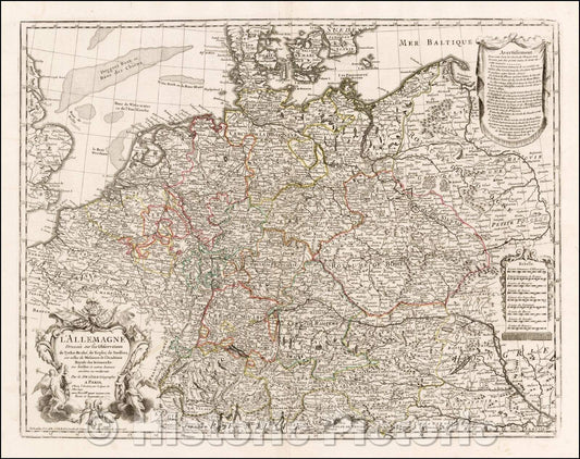 Historic Map - L'Allemagne Dressee sur les Observations de Tycho-Brahe de Kepler de Snellius sur celles/Map of the German Empire, 1745, Guillaume De L'Isle - Vintage Wall Art