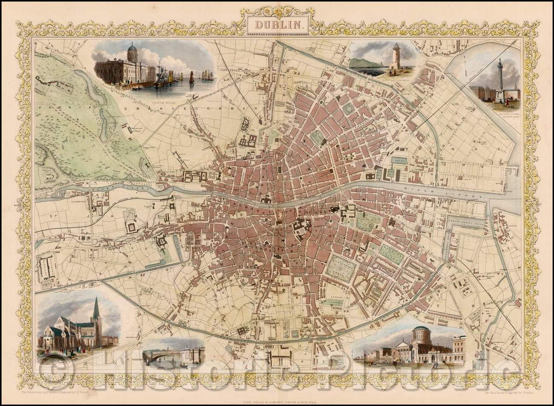 Historic Map - Dublin, Ireland, 1851, John Tallis - Vintage Wall Art