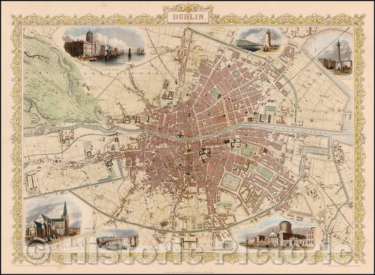 Historic Map - Dublin, Ireland, 1851, John Tallis - Vintage Wall Art
