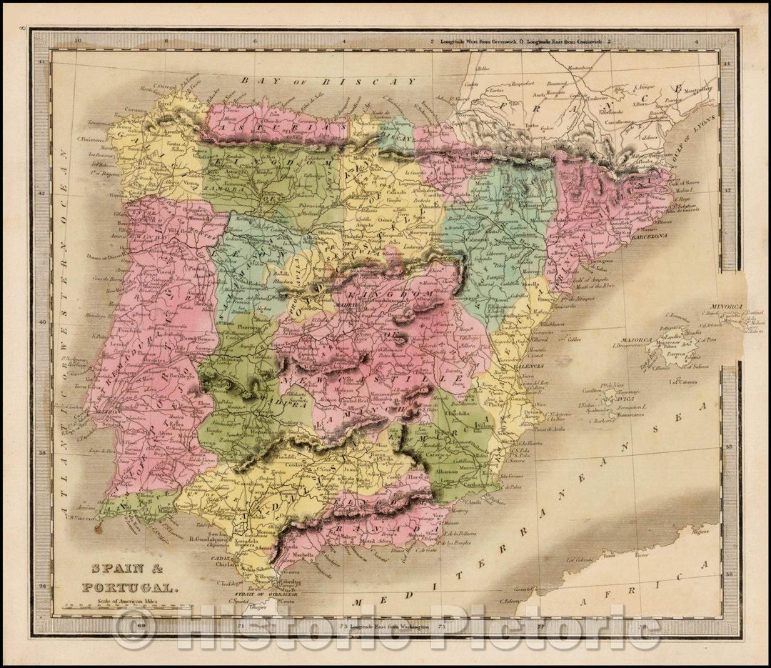 Historic Map - Spain & Portugal (shows Balearic Islands), 1842, Jeremiah Greenleaf - Vintage Wall Art