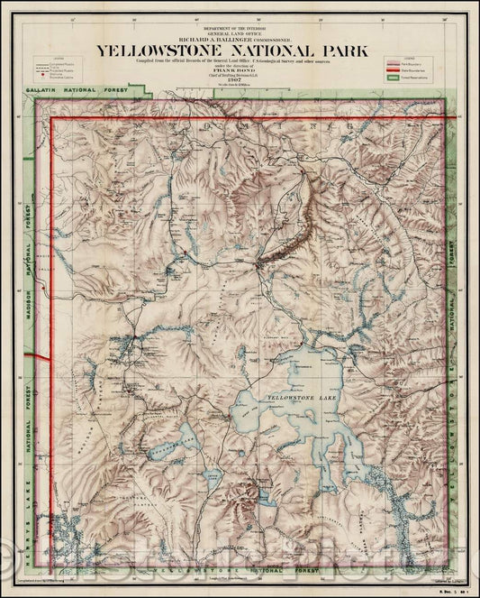 Historic Map - Yellowstone National Park, 1907, General Land Office - Vintage Wall Art