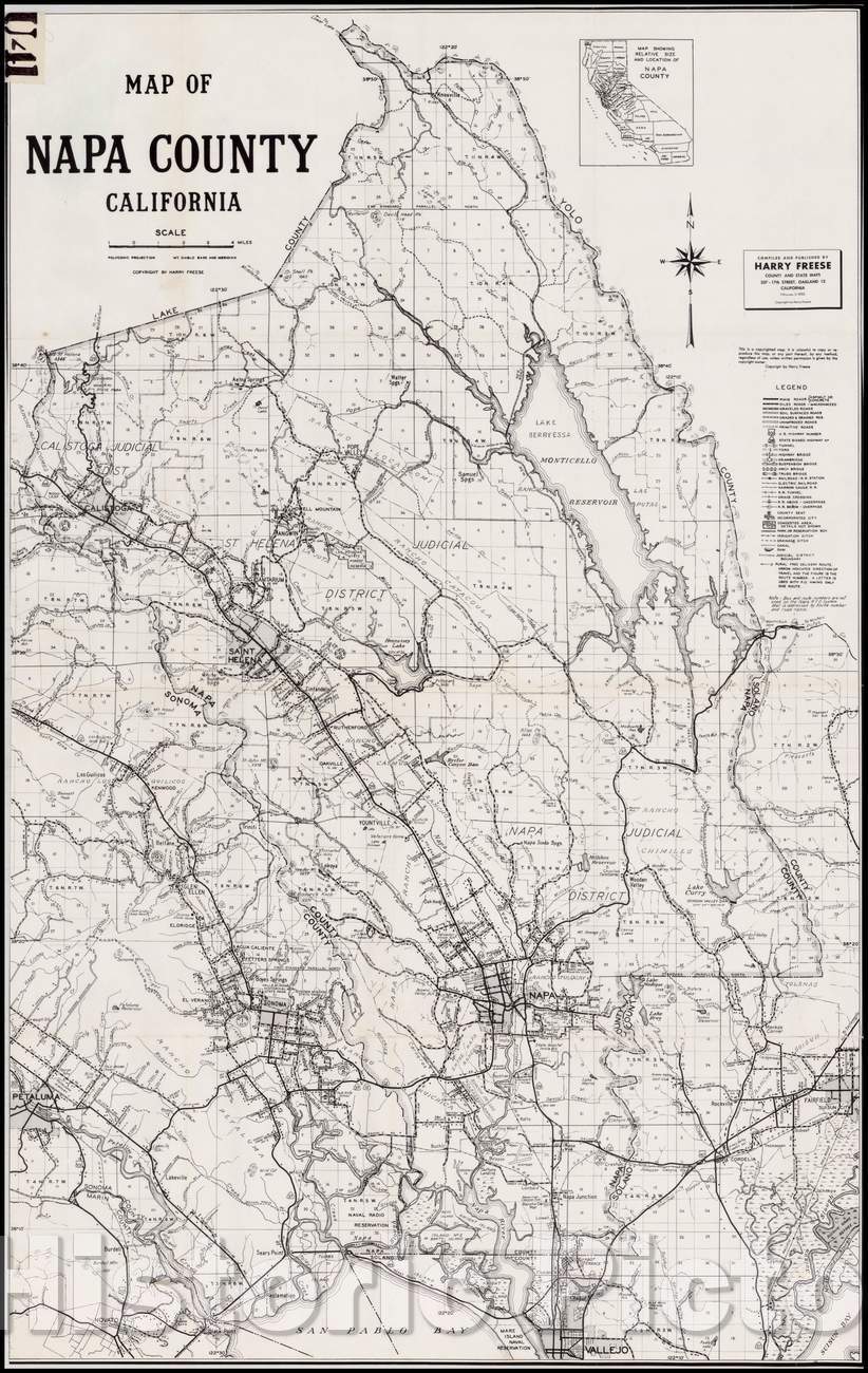 Historic Map - Map of Napa County CAlifonria, 1950, Henry Freese - Vintage Wall Art