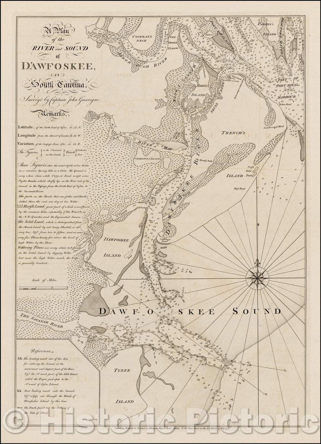 Historic Map - A Plan of the River and Sound of D'Awfoskee in South Carolina. Survey'd, 1776, Robert Sayer - Vintage Wall Art