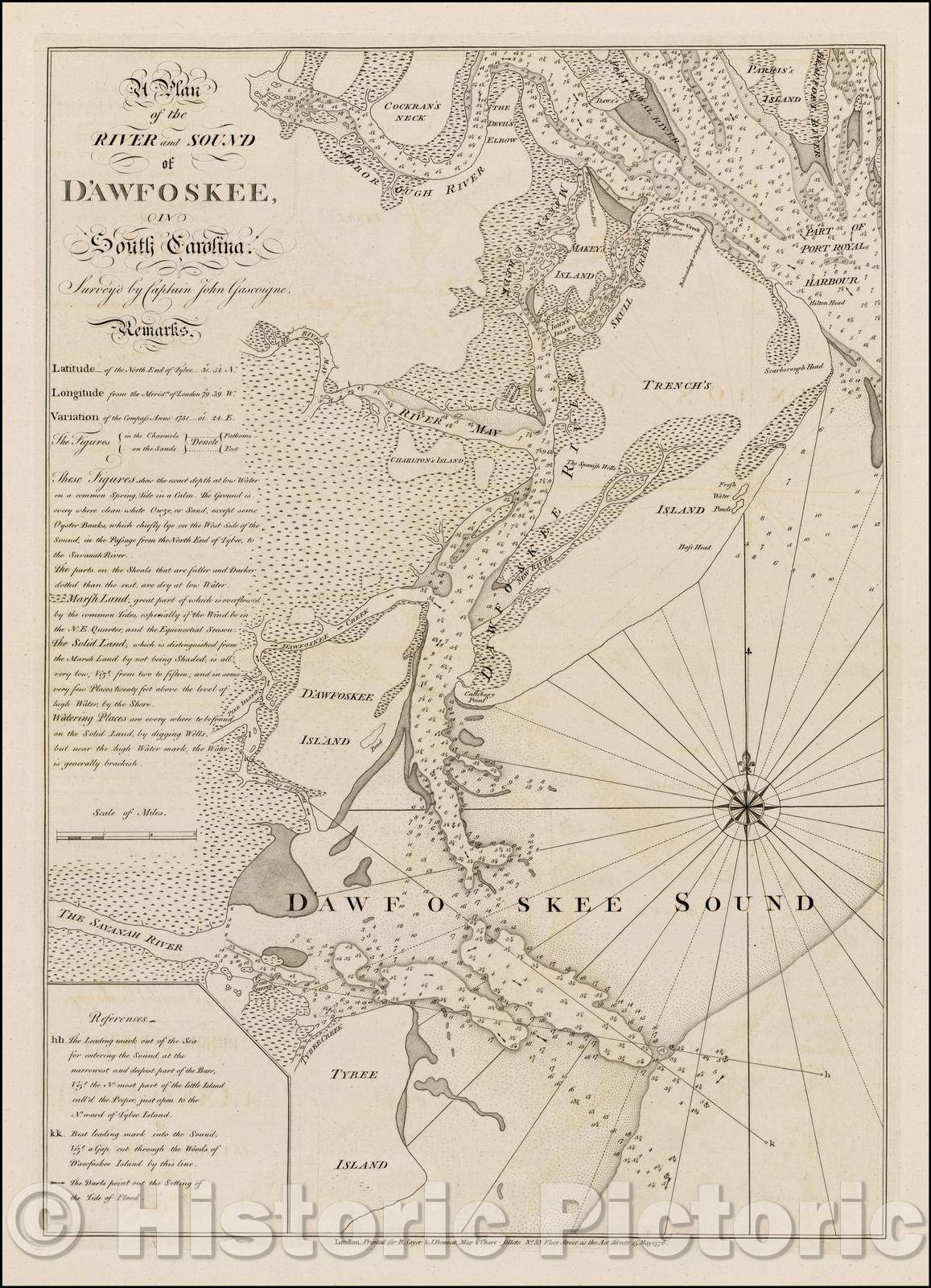 Historic Map - A Plan of the River and Sound of D'Awfoskee in South Carolina. Survey'd, 1776, Robert Sayer - Vintage Wall Art