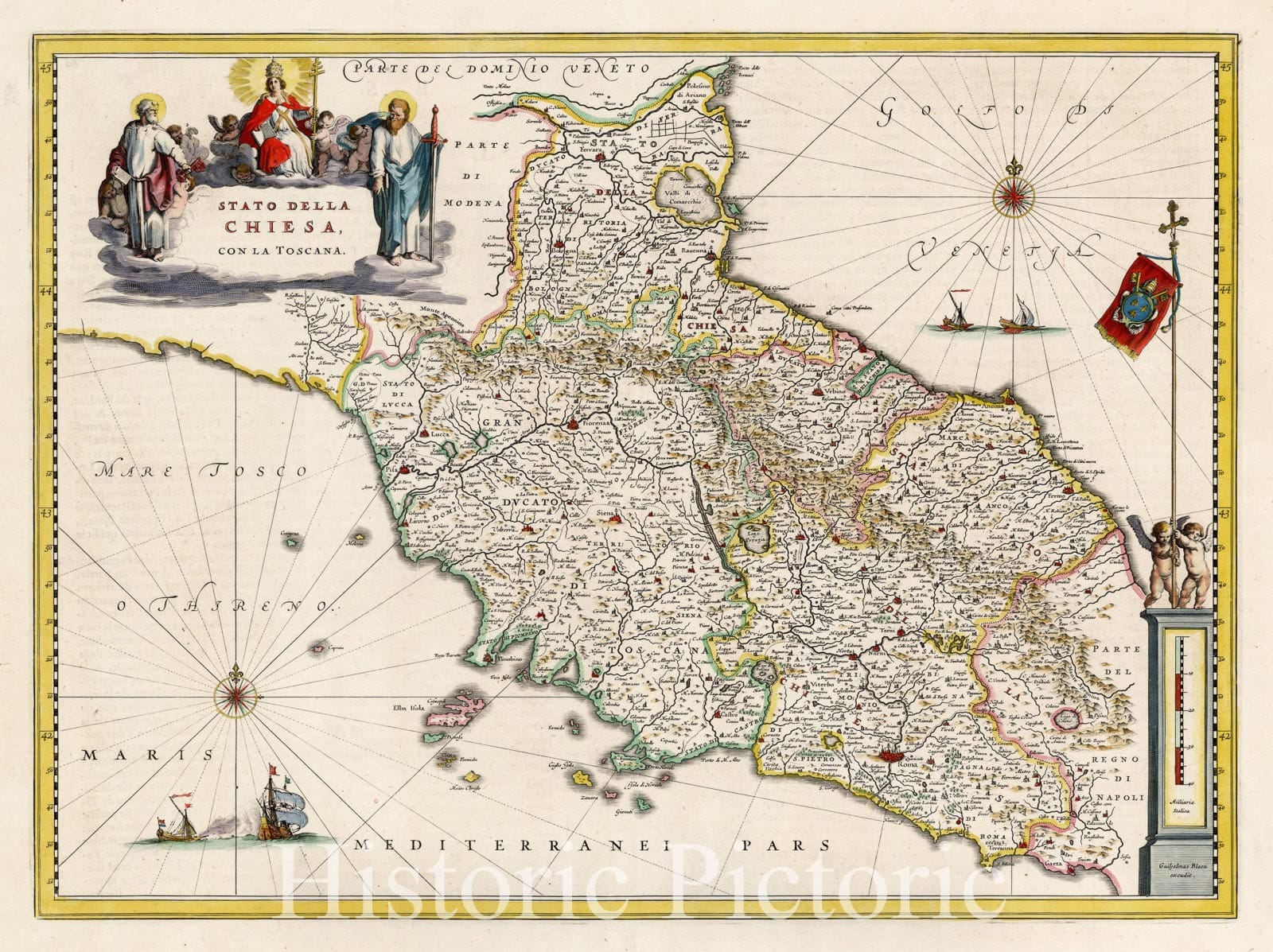 Historic Map - Stato Della Chiesa Con La Toscana Tuscany, Rome, Florence, Siena, Pisa, 1640, Willem Janszoon Blaeu - Vintage Wall Art